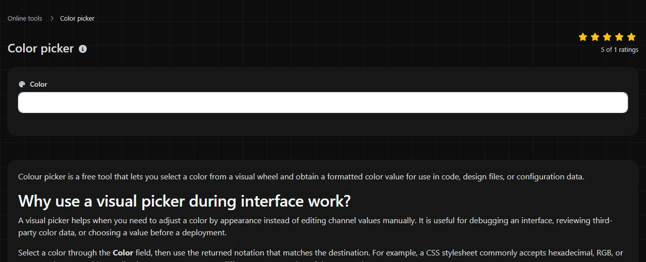 The Color picker tool on biolink.page, showing its input form
