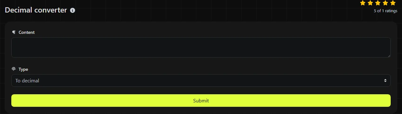 The Decimal converter tool on biolink.page, showing its input form