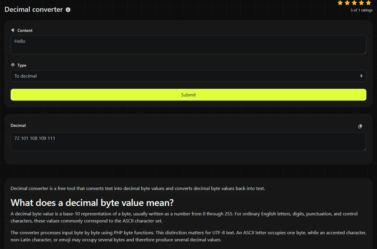 Example result produced by the Decimal converter tool
