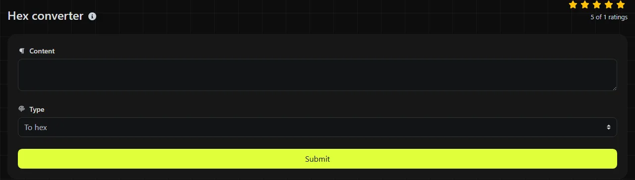 The Hex converter tool on biolink.page, showing its input form