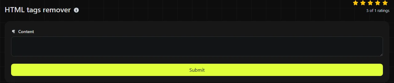 The HTML tags remover tool on biolink.page, showing its input form