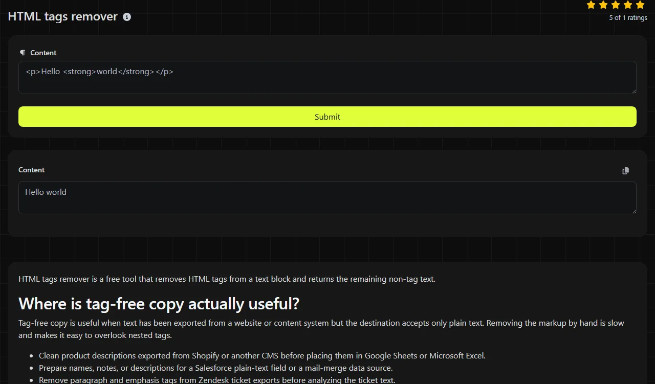 Example result produced by the HTML tags remover tool