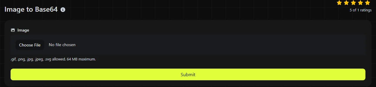The Image to Base64 tool on biolink.page, showing its input form