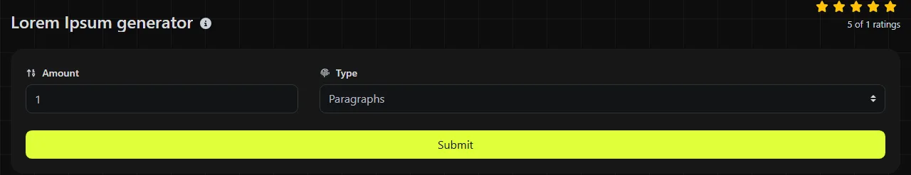 The Lorem Ipsum generator tool on biolink.page, showing its input form