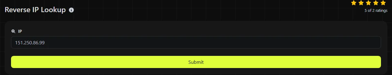 The Reverse IP Lookup tool on biolink.page, showing its input form