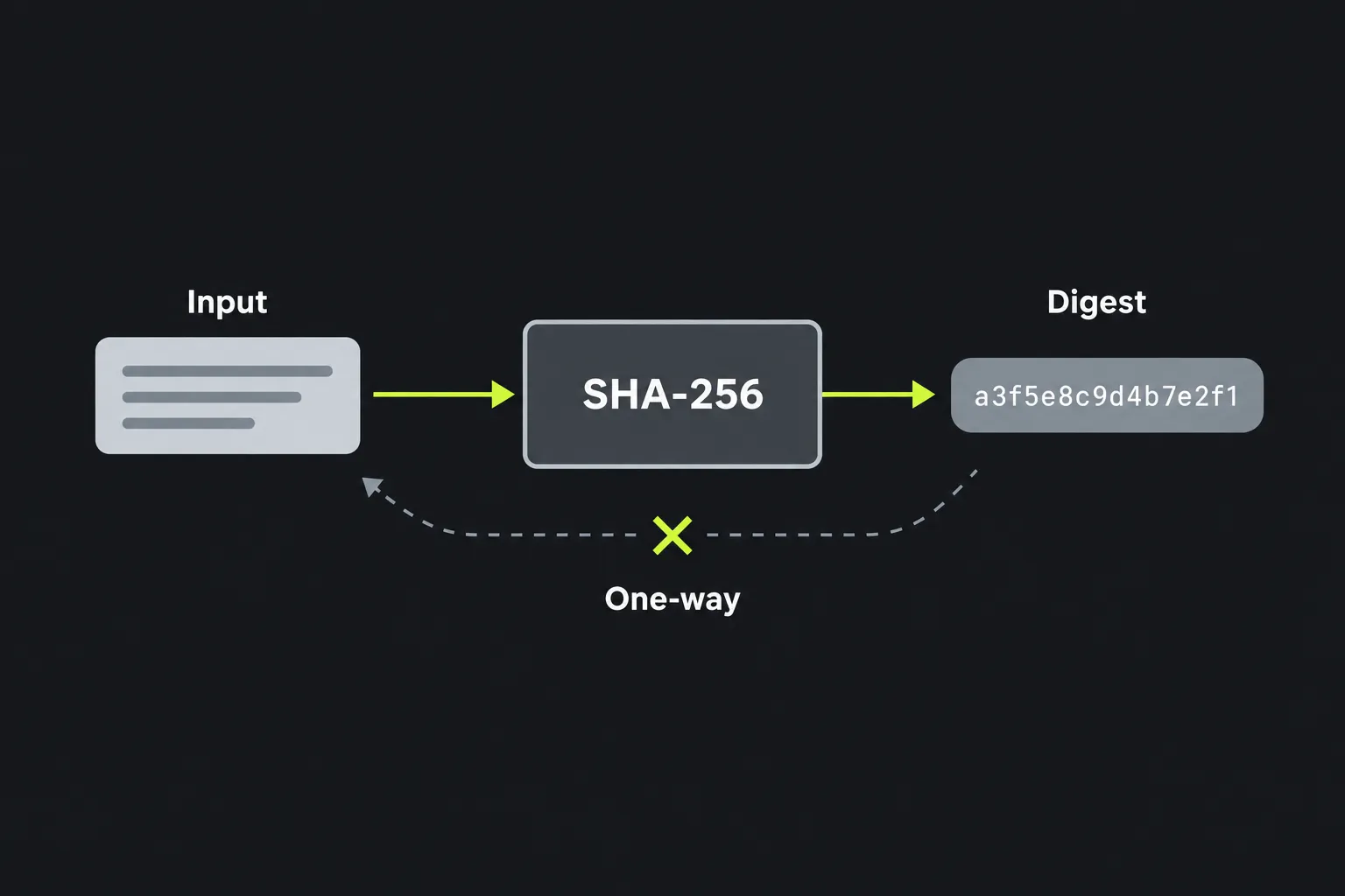 Diagram showing input text passing through the SHA-256 function to produce a fixed-length digest that cannot be reversed