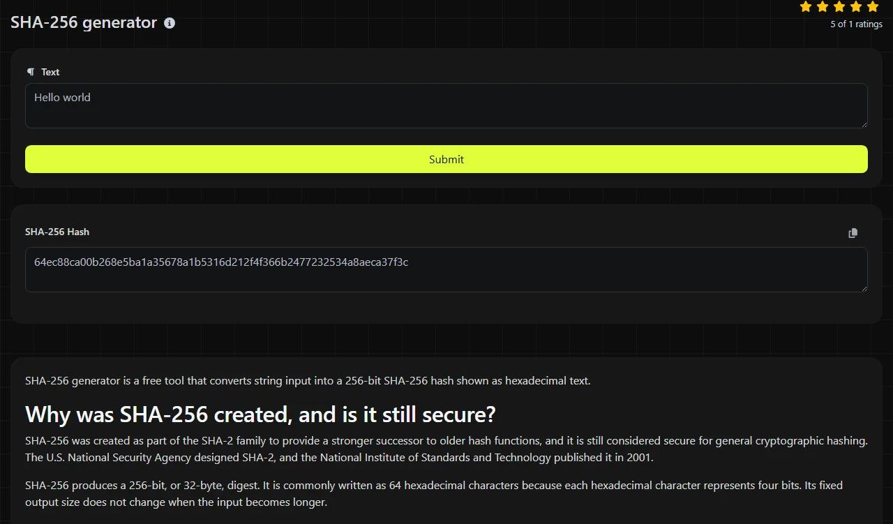 Example result produced by the SHA-256 generator tool