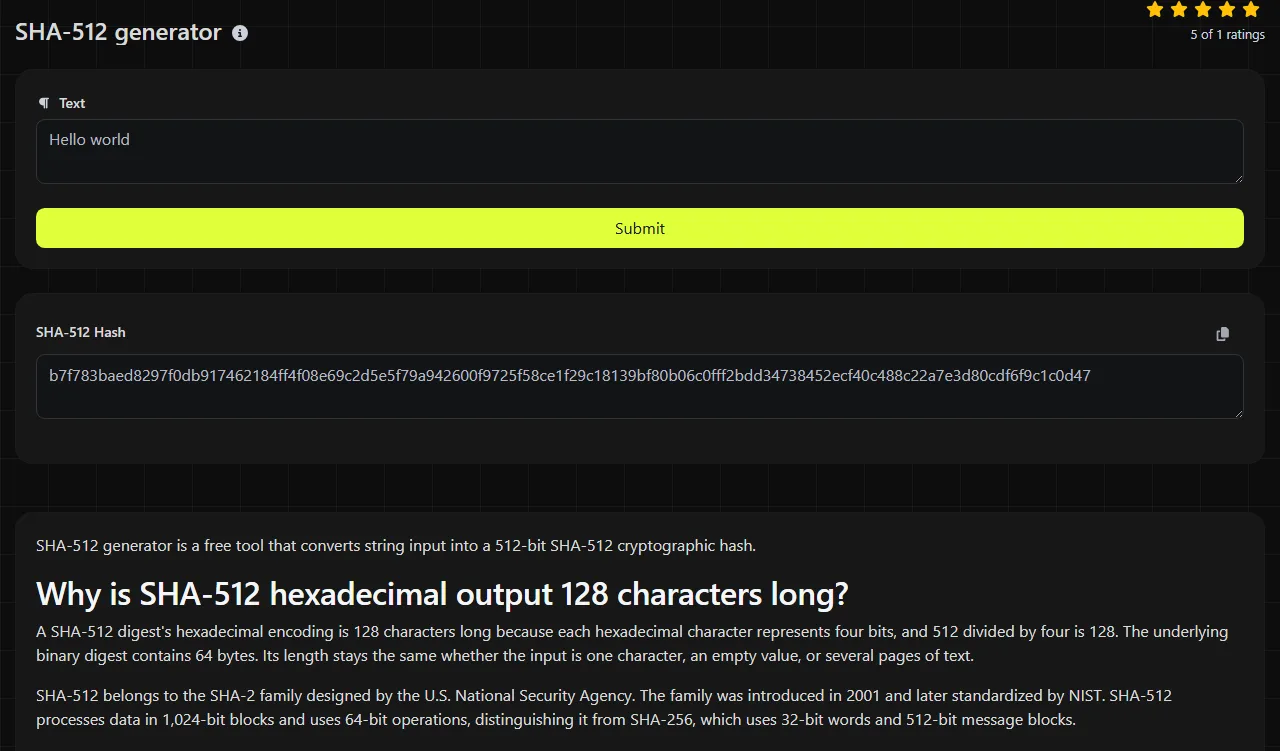 Example result produced by the SHA-512 generator tool