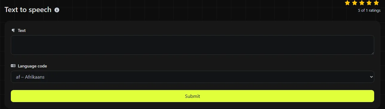 The Text to speech tool on biolink.page, showing its input form