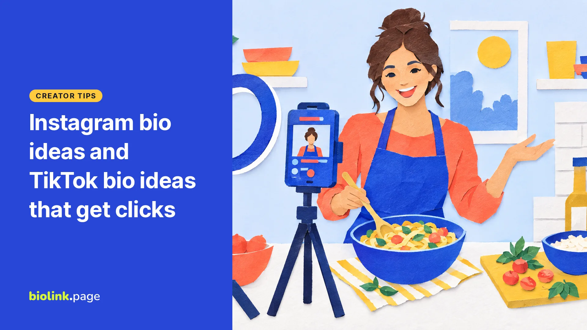A paper collage of a creator filming a recipe video in a home kitchen