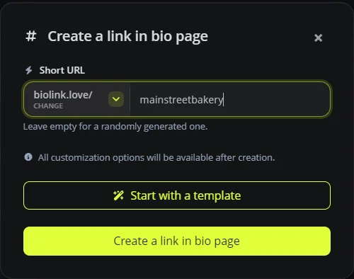The Create a link in bio page window on BioLink.page with biolink.love selected as the domain and mainstreetbakery typed as the address