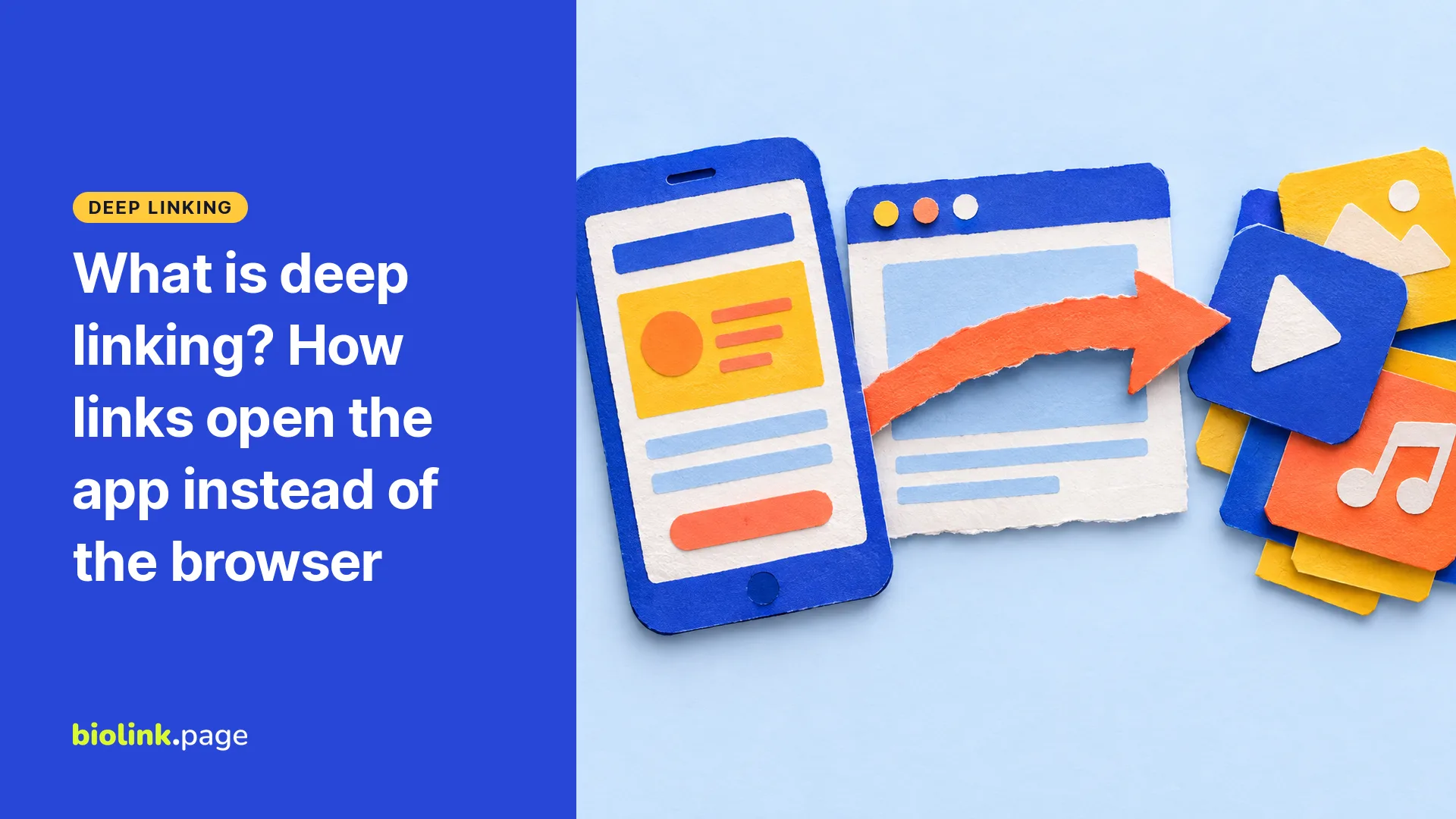 A paper collage of an arrow jumping from a browser window into app tiles on a phone