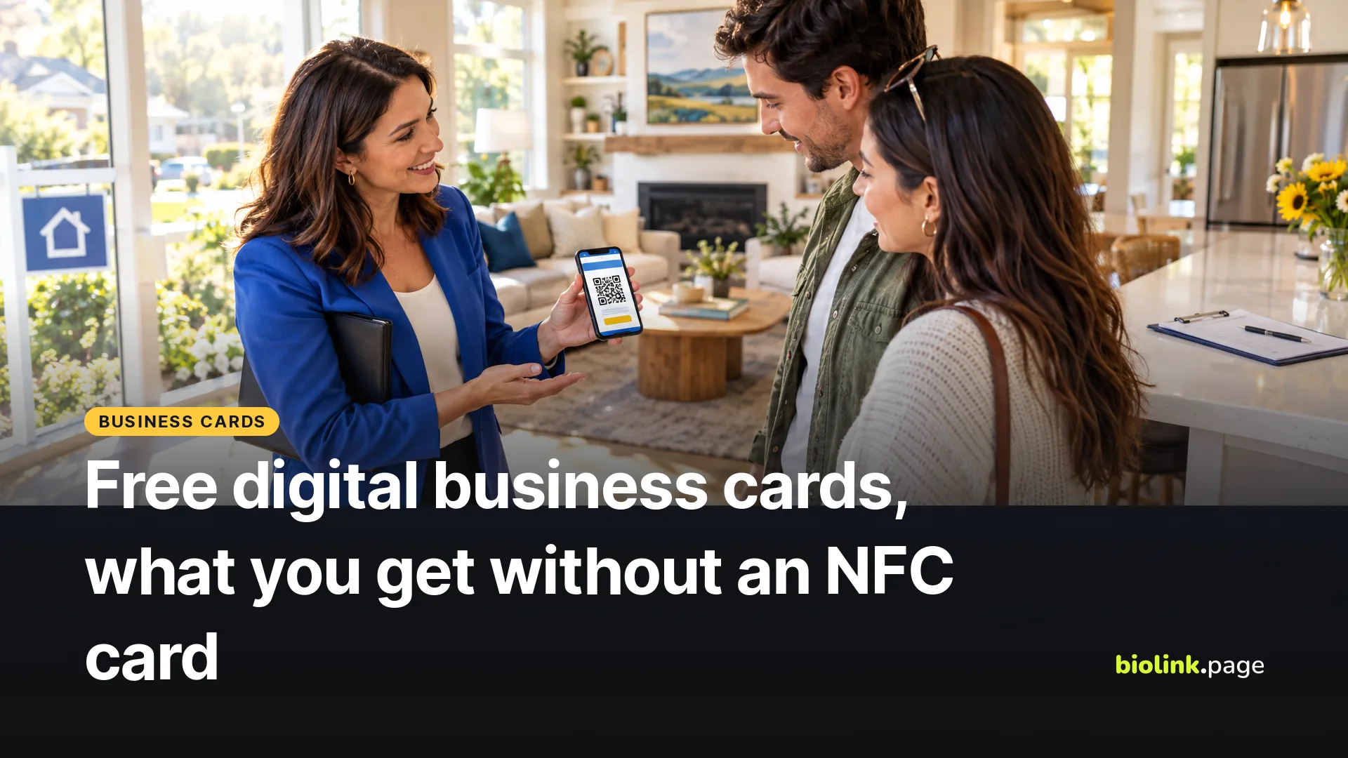 A real estate agent at an open house showing a QR code on a phone to a couple
