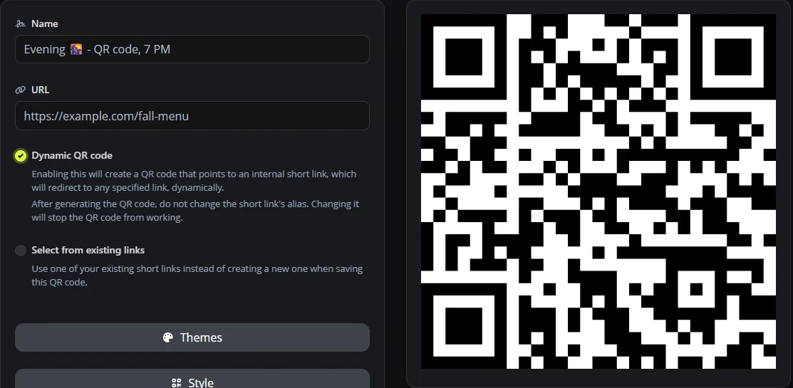 The BioLink.page QR code creator with the URL type, an example fall menu URL, the Dynamic QR code option checked and a QR code preview