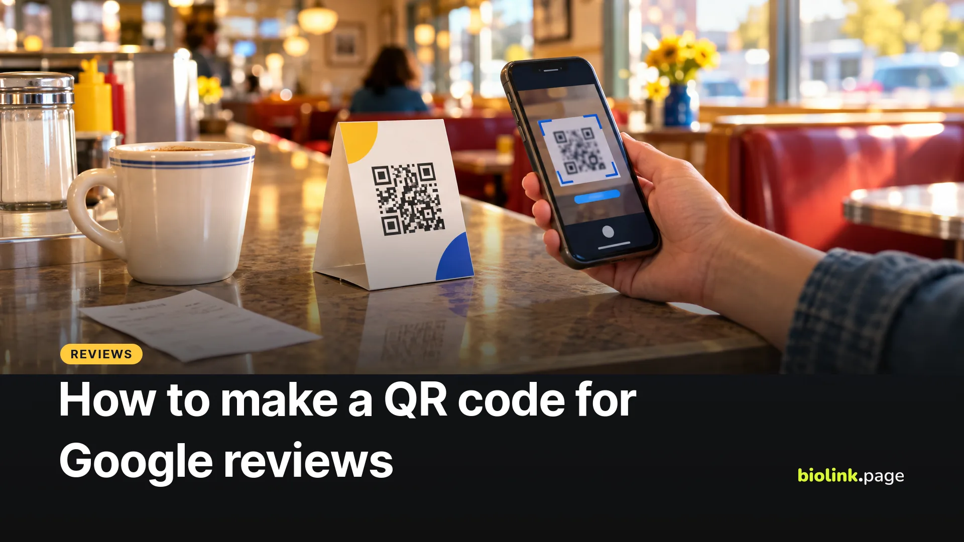 A customer scanning a QR code table tent on a diner counter