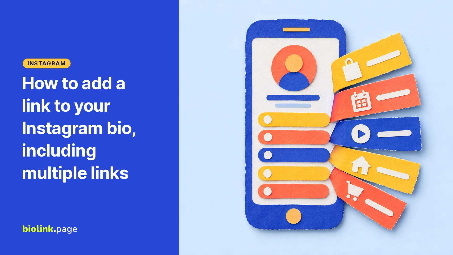 Paper collage of a phone profile with five link buttons fanning out