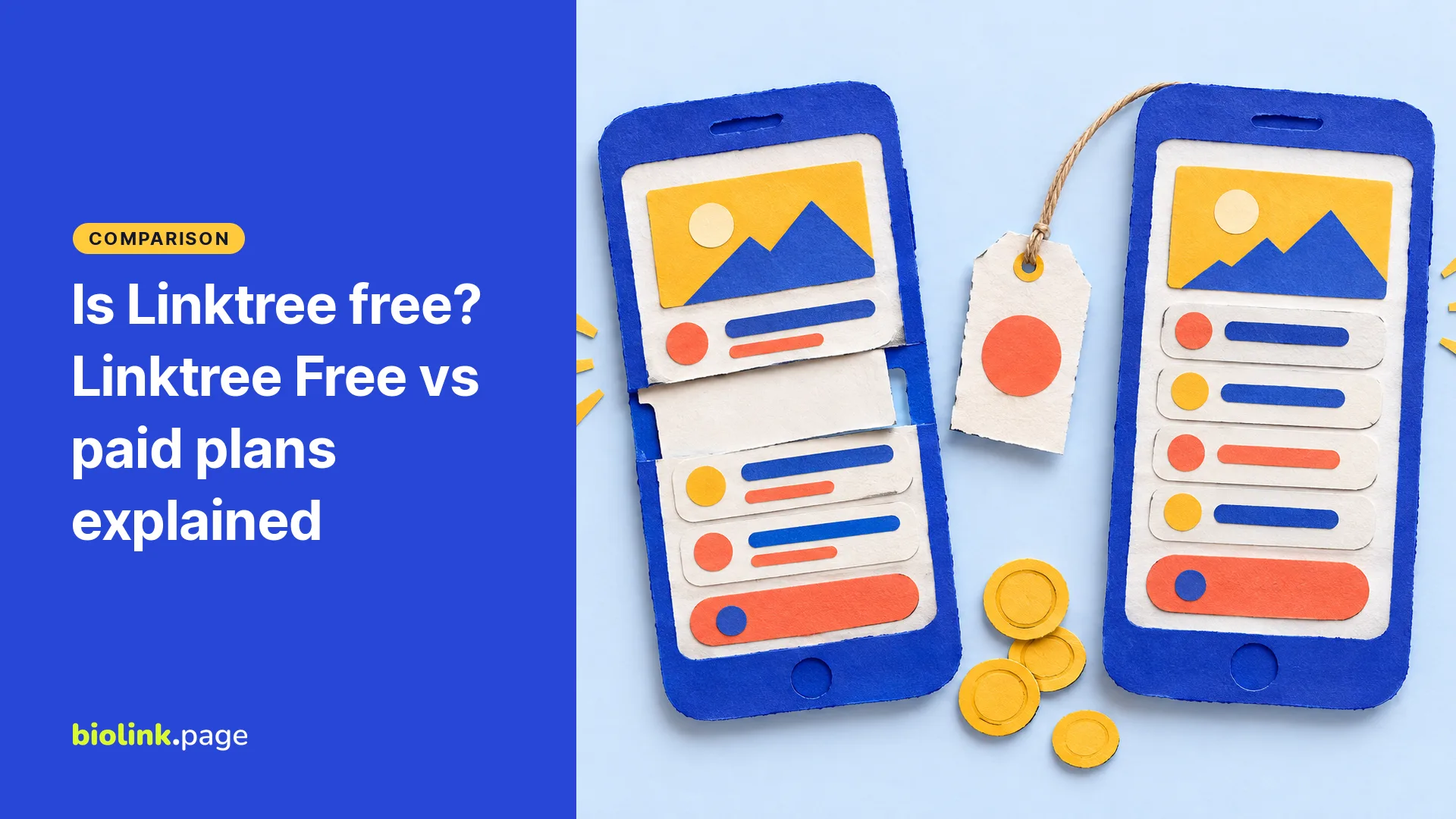 Paper collage of two phones, one with an ad between links and one with clean link buttons