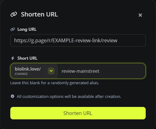 The Shorten URL window on BioLink.page with an example Google review link as the long URL, biolink.love selected as the domain and review-mainstreet as the short name