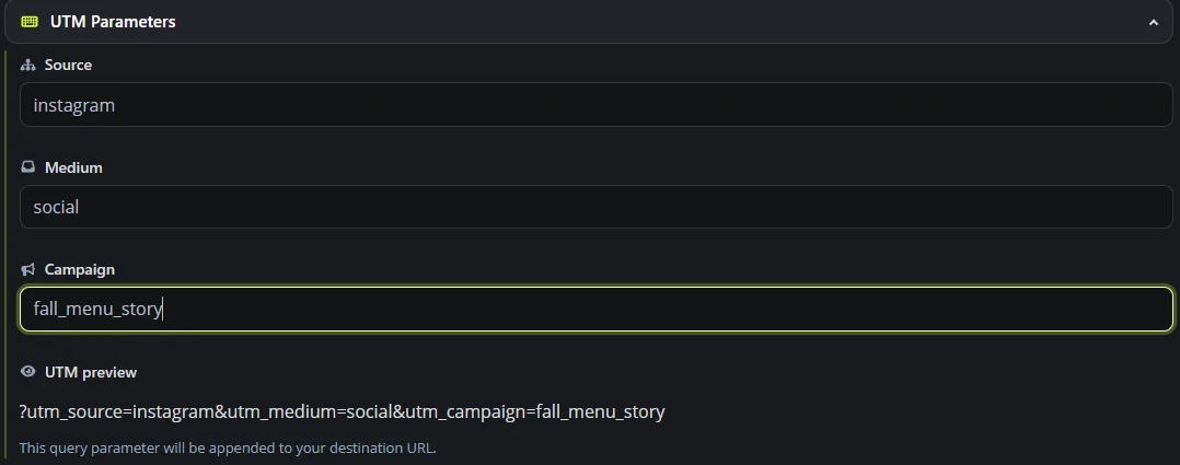 The UTM Parameters section of a BioLink.page short link with instagram as the source, social as the medium and fall_menu_story as the campaign, plus a preview of the query string