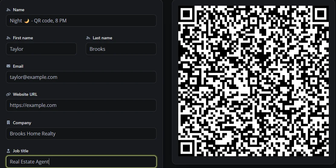 The BioLink.page QR code creator with the vCard type, example details for Taylor Brooks, real estate agent at Brooks Home Realty, and a live QR code preview