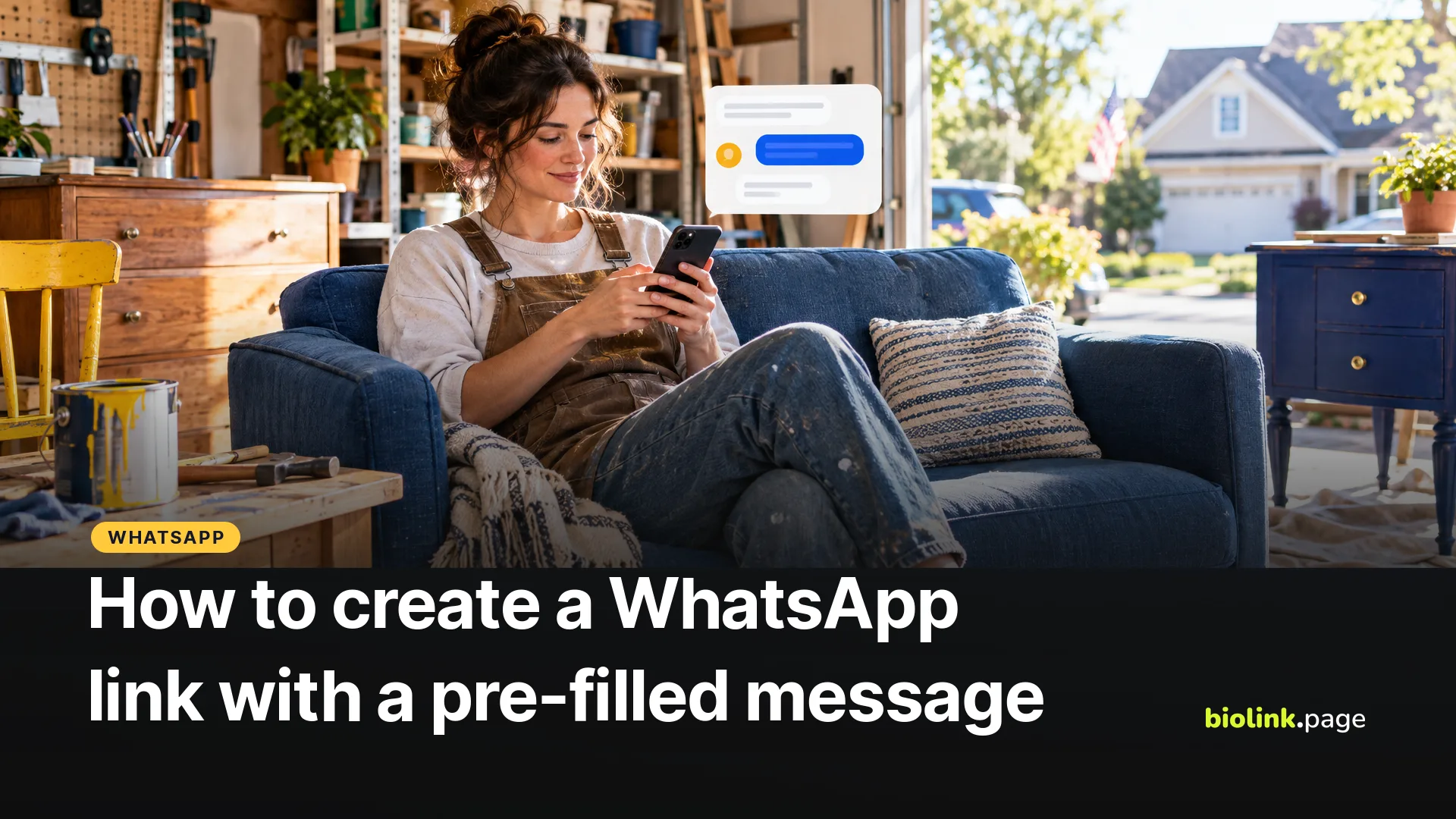 A furniture reseller on a blue sofa in a garage workshop replying to a chat on a phone
