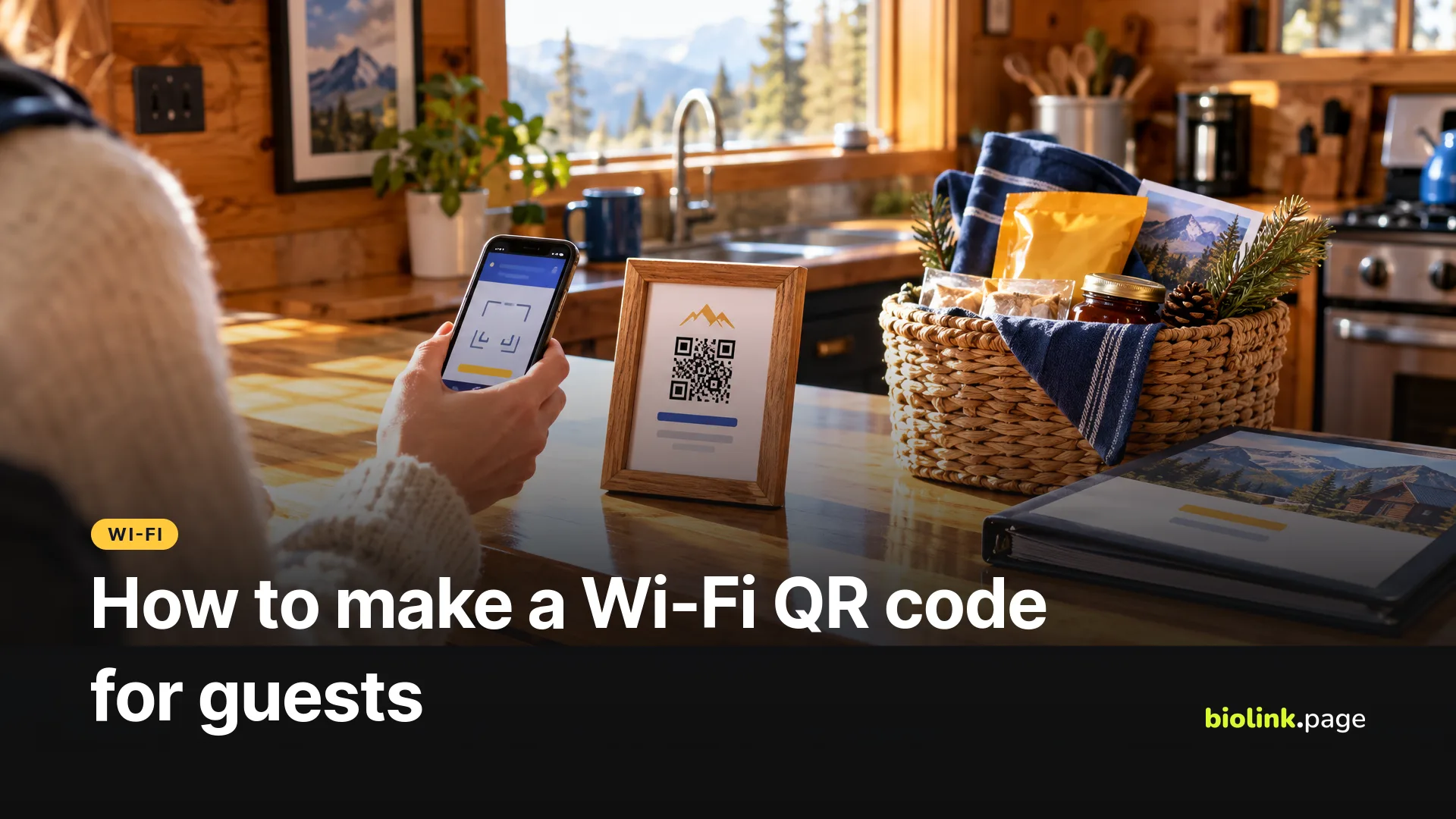A guest scanning a framed QR code on the kitchen counter of a vacation rental cabin