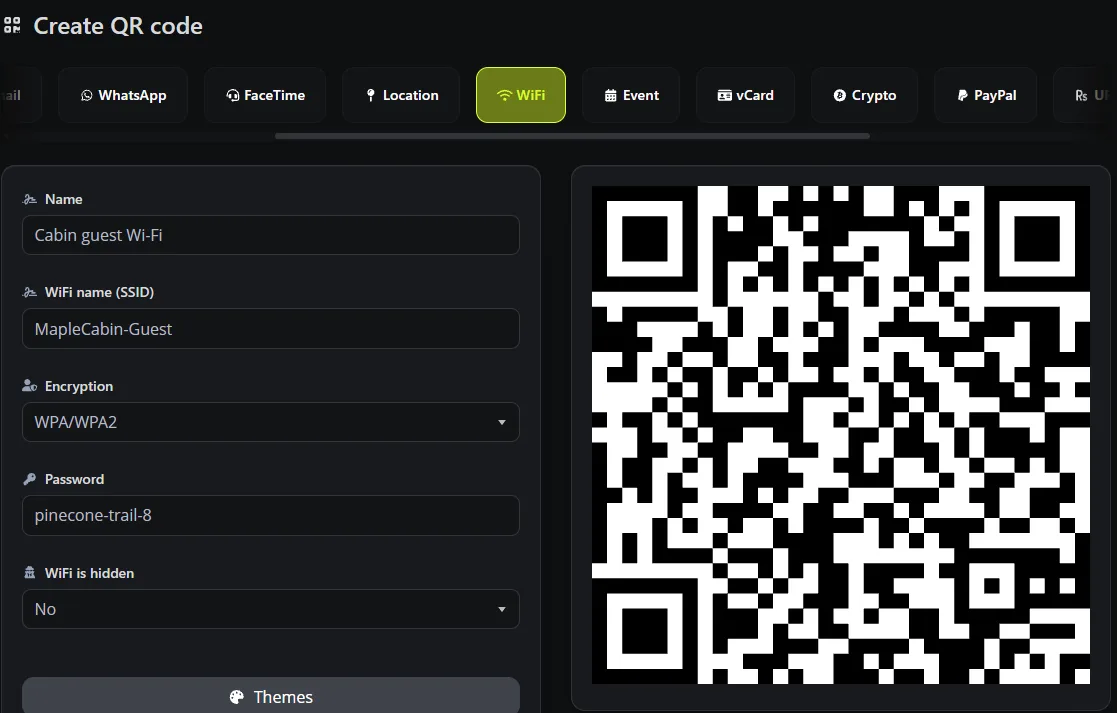 The BioLink.page QR code creator with the WiFi type selected, the example network MapleCabin-Guest, WPA/WPA2 encryption, the password pinecone-trail-8 and a live QR code preview