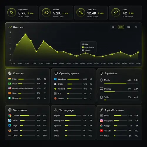 Built-in analytics dashboard showing audience, traffic sources, devices, and countries - BioLink.page